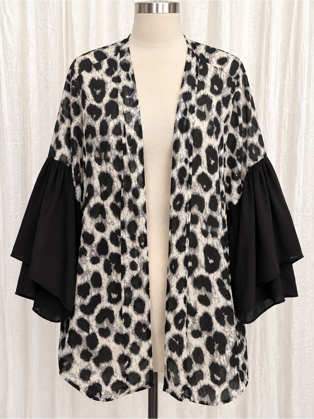 Womens Black & White Leopard Print Open Cardigan with Ruffle Sleeves